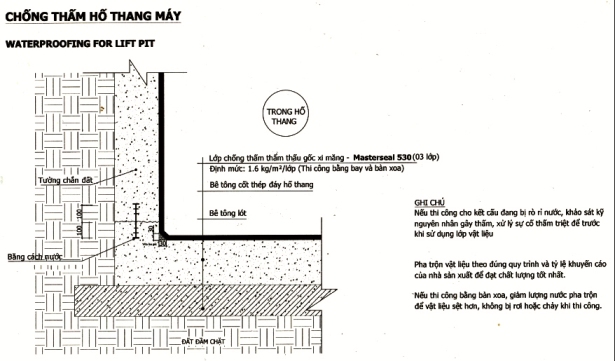 bản vẽ thi công biện pháp chống thấm hố thang máy